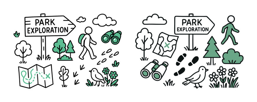 Park exploration illustration: outdoor adventure with map, binoculars, and nature elements