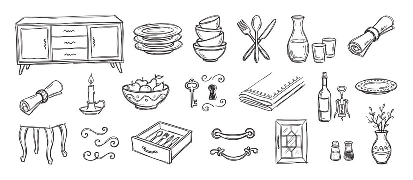 Hand-drawn doodle collection of vintage furniture and dining elements including a sideboard, plates, cutlery, wine, and a candle in a sketchy black and white line art style