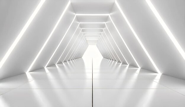 Futuristic Dark Tunnel With Geometric Architecture and Bright Light at the End