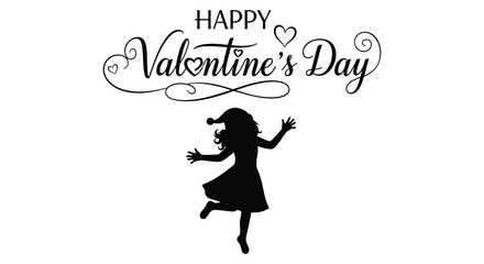 A joyful valentine s day greeting with a dancing girl in black silhouette hearts and decorative swirls