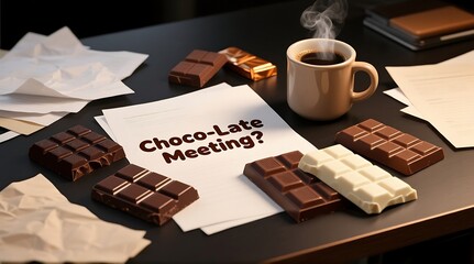 A creative workspace with chocolates and coffee on a desk with a playful meeting invitation