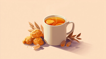 Illustrated hot apple cider with pastry, warm amber tones, soft gradients, modern flat illustration