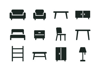 Minimalist Furniture Icons. Minimalist furniture. Solid icon set of minimalist furniture: sofa, armchair, coffee table, sideboard, bed frame, nightstand,