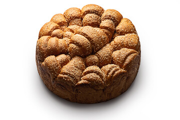 Close-up of fresh festive artisan homemade round bread in Bulgaria. Bulgarian tradional holiday pull apart bread pitka