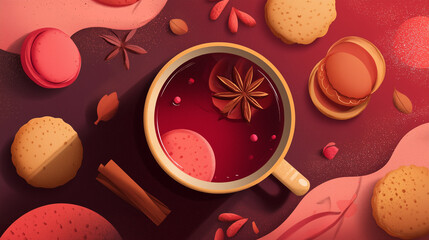 Stylized illustration of mulled wine with spiced cookies, warm red and brown palette, smooth gradients, cozy flat style
