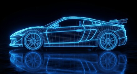 Futuristic blue wireframe sports car hologram on dark reflective surface