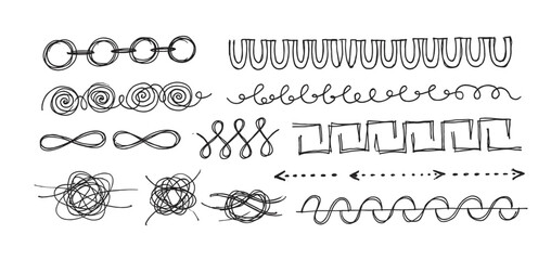 Hand drawn doodle lines and shapes collection featuring messy scribbles, chaotic tangles, swirls, and abstract dividers drawn with black ink in a simple sketch art style
