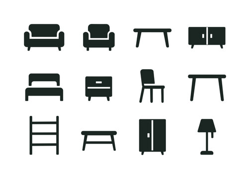 Minimalist Furniture Icons. Minimalist furniture. Solid icon set of minimalist furniture: sofa, armchair, coffee table, sideboard, bed frame, nightstand,