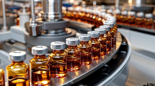 Automated production line with glass vials showcasing modern vaccine development in pharma industry