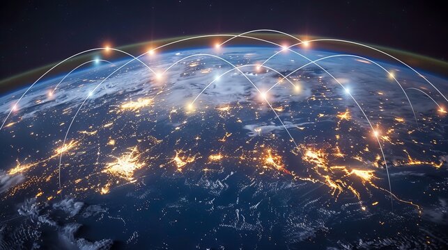 Interconnected global supply chain network featuring shipping routes and distribution hubs
