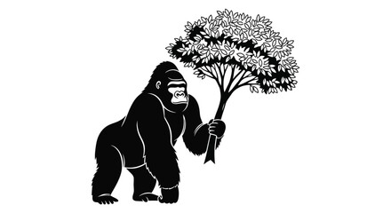 a gorilla standing upright holding a branch with leaves overhead in a striking silhouette high quality © mrvect02