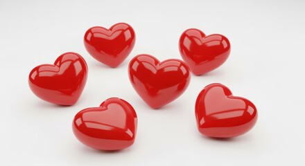 Glossy Red Hearts Scattered on White Background - Love Symbol