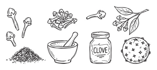 Hand-drawn clove spice illustration set showing whole and ground cloves, a mortar and pestle, a pomander, and a jar in a simple black and white line art sketch style