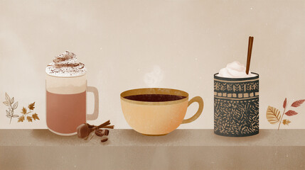 Cafe holiday drinks menu board with cocoa, latte and tea illustrations, warm muted palette, flat textured style, clean spacing