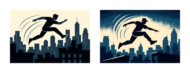 Silhouetted male parkour athlete jumping across urban cityscapes at night