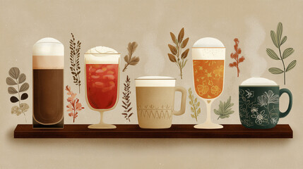 Cafe holiday drinks menu board with cocoa, latte and tea illustrations, warm muted palette, flat textured style, clean spacing