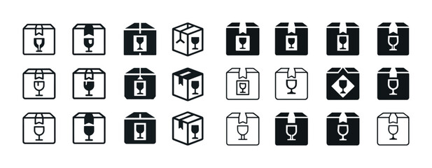 Fragile and handle with care icons: diverse packaging symbols for safe shipping