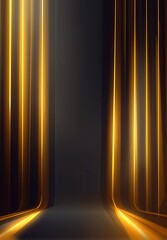 Abstract golden light beams forming a corridor in a dark space