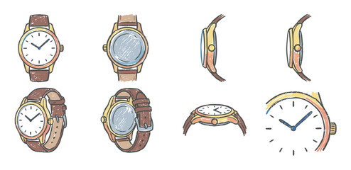 Collection of hand-drawn wristwatch illustrations showing various angles and perspectives of a classic analog timepiece with a brown leather strap and gold case in a simple sketch style
