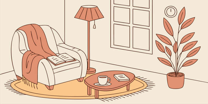 Cozy illustration depicting a comfortable reading nook with a soft armchair, warm blanket, open book, and a steaming cup of coffee next to a potted plant.