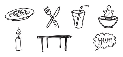 Set of hand-drawn food and restaurant icons including a meal, cutlery, drink, soup, candle, and table in a simple black and white doodle sketch style for menu design