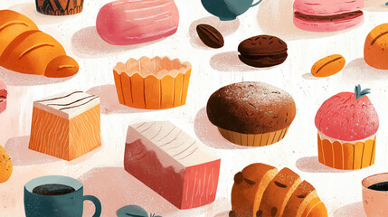 Winter bakery menu board illustration with pastries and sweets, cozy palette, minimal background, subtle paper texture