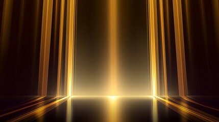 Golden light beams illuminating a dark stage with reflective floor