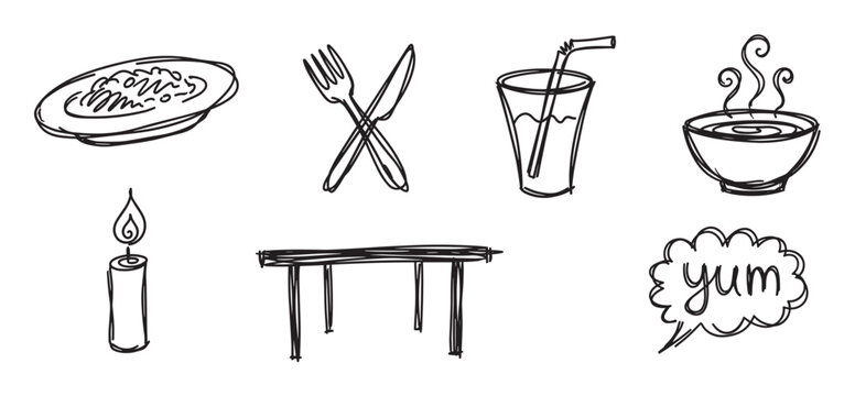 Set of hand-drawn food and restaurant icons including a meal, cutlery, drink, soup, candle, and table in a simple black and white doodle sketch style for menu design