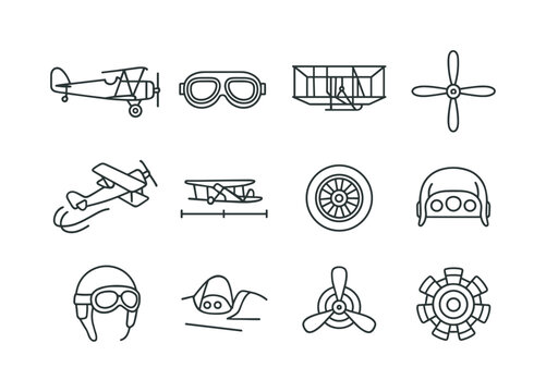 Vintage Aviation Icons. Airplane. Line icon set of Airplane: vintage airplane, early aviation goggles, Wright brothers flyer, biplane propeller, airshow icon,