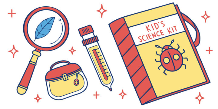 Charming illustration depicting essential items found within a colorful kid's science kit including a magnifying glass a test tube and a field guide - Powered by Adobe