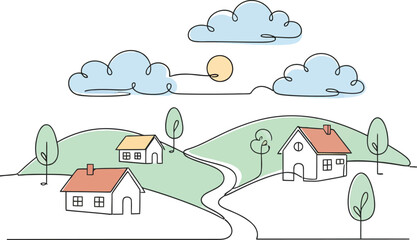 Obraz premium Colorful Paper craft Landscape with a House and Trees on Rolling Green Hills on a White Background. 