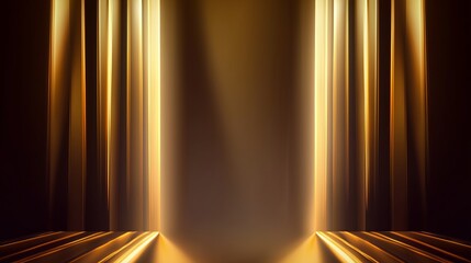 Golden light beams illuminating a dark stage with vertical columns and reflective floor