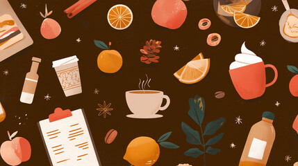 Festive cafe menu board with holiday decorations and food icons, warm tones, modern flat illustration style