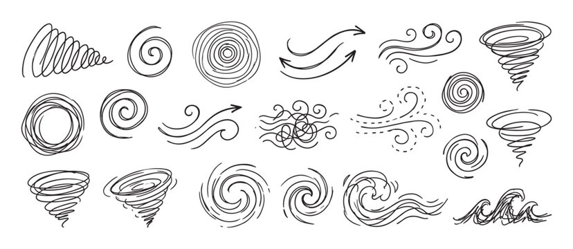Hand-drawn black doodle set of wind gusts, air flow arrows, tornado funnels, and ocean wave sketches representing various weather phenomena and natural motion elements