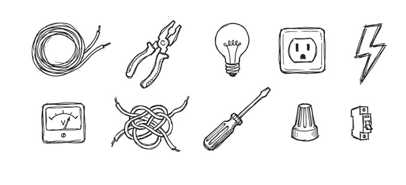 Hand-drawn set of electrical tools and components in a black and white doodle style, including a lightbulb, pliers, wire, outlet, and circuit breaker for electrician concepts