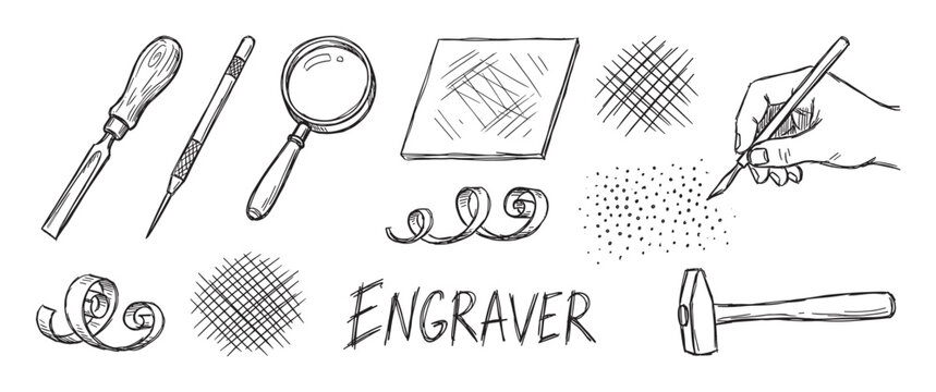 Hand-drawn sketch set of engraving tools and elements showing a chisel, hammer, magnifying glass, and a hand carving with various hatching and stippling patterns