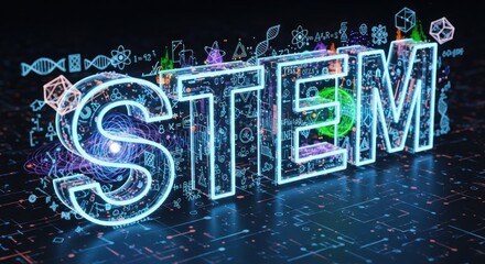 A futuristic, neon-lit STEM education concept with scientific symbols and equations.