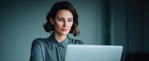 businesswoman typing away on a laptop at a tidy workspace