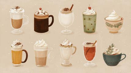 Holiday cafe menu board collection for drinks and desserts, modern flat illustration, textured look, stock ready