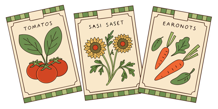 Three vintage seed packets illustrating tomatoes, sunflowers, and carrots are displayed against a white background.