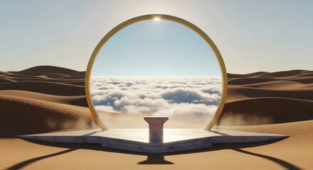 Golden portal in desert landscape opens to sky with clouds, surreal, fantasy, gateway