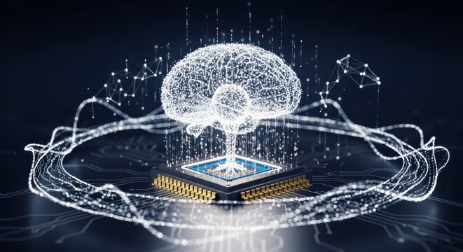 A futuristic brain and computer chip with a digital brain inside.