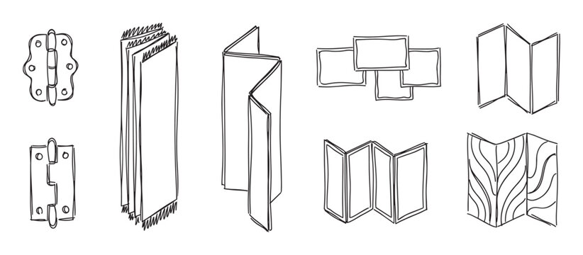 Set of hand-drawn black line sketches showing various objects like door hinges, fabric samples, folded brochures, and room dividers in a simple, minimalist doodle illustration style