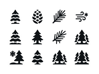 Fototapeta premium Winter Spruce Icons. Winter Spruce Icons. Solid icon set of Winter Spruce Icons: snow-dusted tree, icy pinecone, frosted branch, cold breeze, spruce in snow,