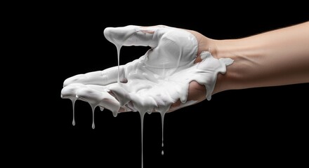 Hand Covered in White Slime, Dripping Down, Black Background, Studio Shot