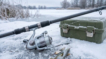 Fishing rod and tackle box on snowy ice by frozen lake  