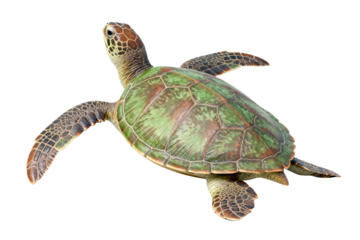 Green Sea Turtle Swimming in Isolated White Background