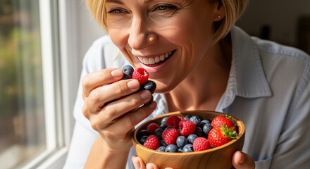 Happy Woman Eating Fresh Berries From Wooden Bowl Near Window