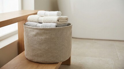 Linen basket filled with neatly folded cotton hand towels  