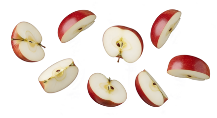 Eight sliced red apples floating in mid-air against a clean white background with natural lighting.